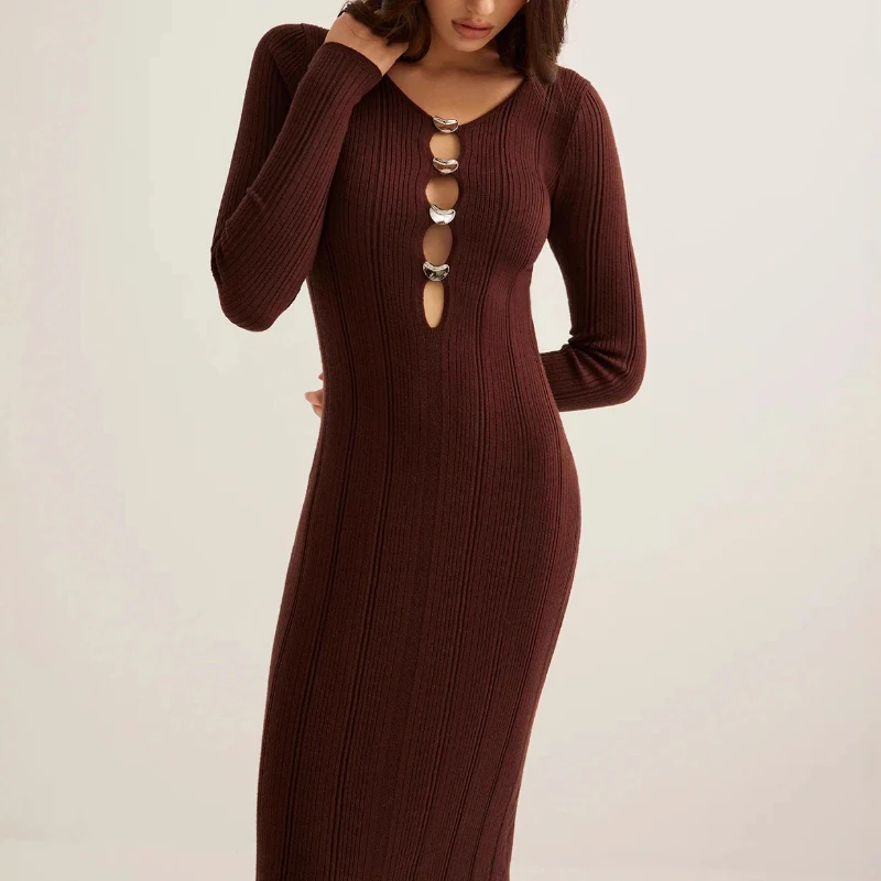 المرأة انقطاع سليم محبوك سترة فستان طويل الشتاء الخريف Bodycon أنيقة عادية الياقة المدورة الزي موضة فساتين بلون