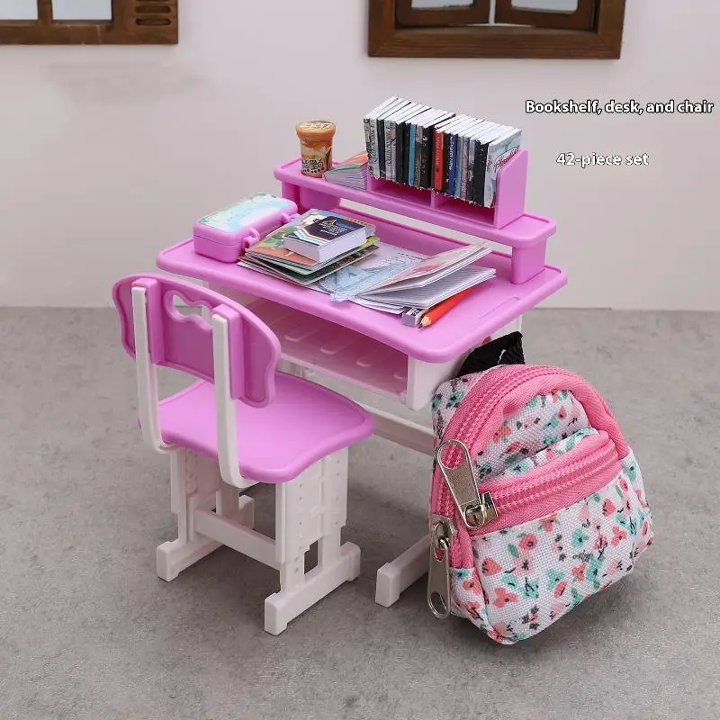 

42Pcs School Bag Miniature Learning Desk Room Decoration Desk Chair Dollhouse Book Model Simulation Stationery Toy