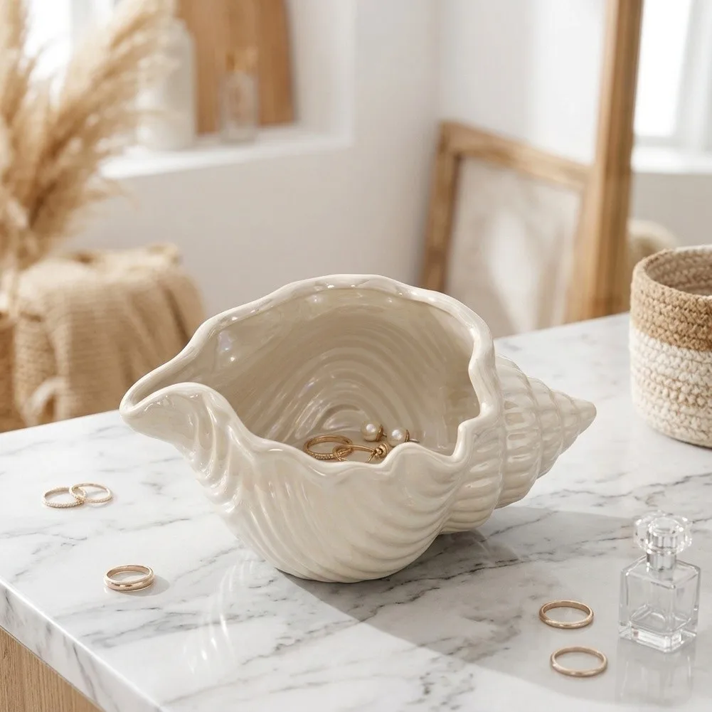 Conch Shell Shape Jewelry Holder for Earrings Rings - White Pottery and Porcelain Tray for Organizing Small Items