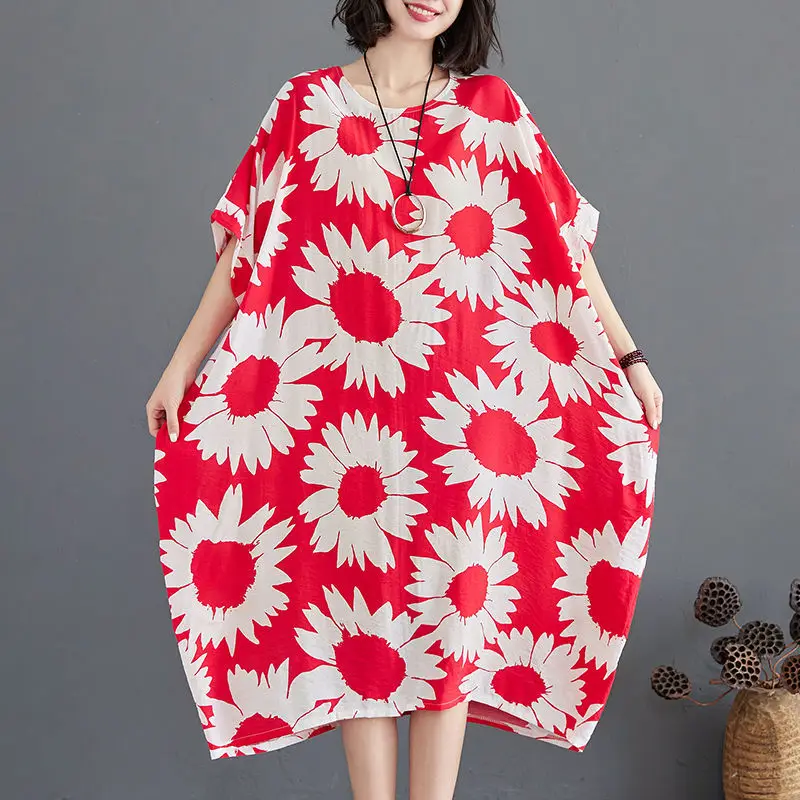 Dameskleding Kantoor Dame Afdrukken Oversized Jurken Dames Eenvoud O-hals Korte mouw Losse midi-jurk Zomervlasjurken
