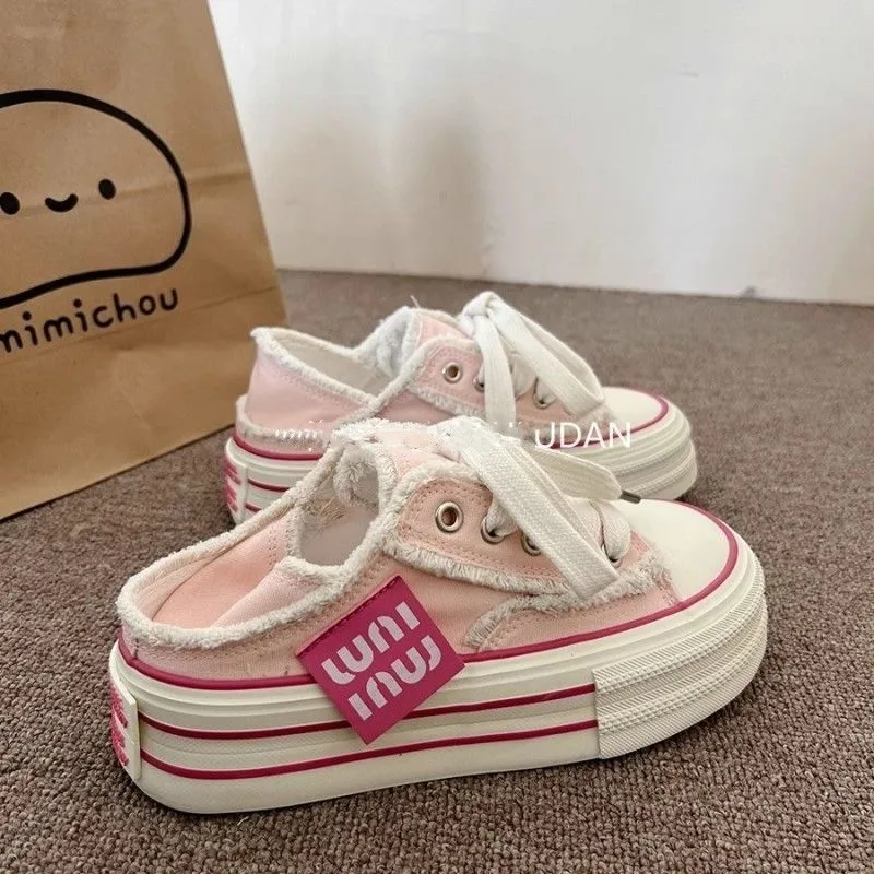 

Pink Tassel Fringed Thick Soled Women's Canvas Shoes Outdoor Sports Shoes Vulcanized Shoes