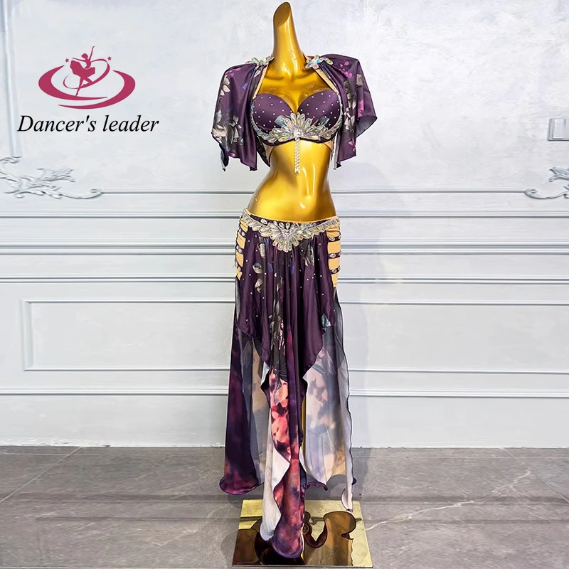 Belly Dance Performance Practice Costume Female Purple Ink Flower Printed Long Dress Eastern Modern Classical Dance Set