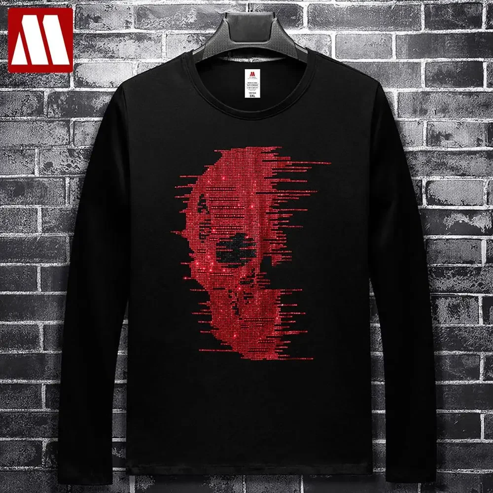 

2024 Summer Cool Men Cotton S-5XL Oversized T Shirt Skull Rhinestone Printing T Shirts Men Long Sleeve Harajuku Tops for Man