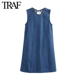 TRAF Women Fashion Summer New Stitching Denim Back Lace-Up Hollow Crewneck Vest Dress Chic Female Elegant Sleeveless Evening