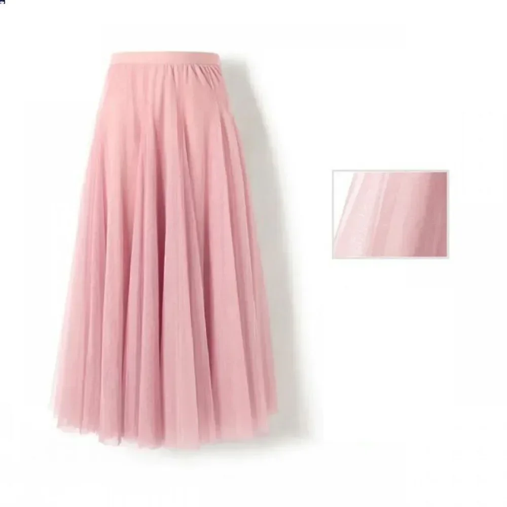 Hot Women Mesh Elastic Tutu Skirt Beach Spring Summer Korean High Waist Fashion Pleated Long Skirt Black White Tulle Skirts