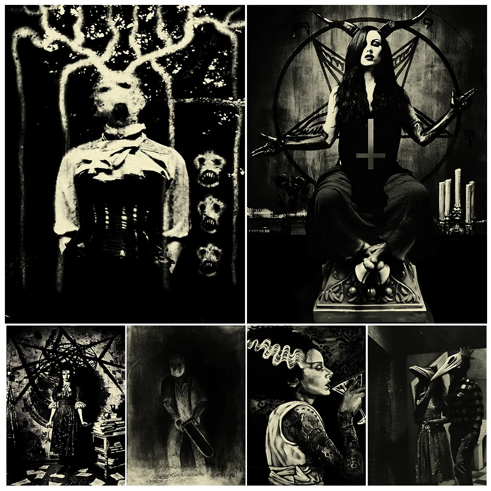 Creepy Demon And Witch Scary Photographic Wall Art Canvas Painting Gothic Pagan Horror Vintage Art Poster And Print Home Decor
