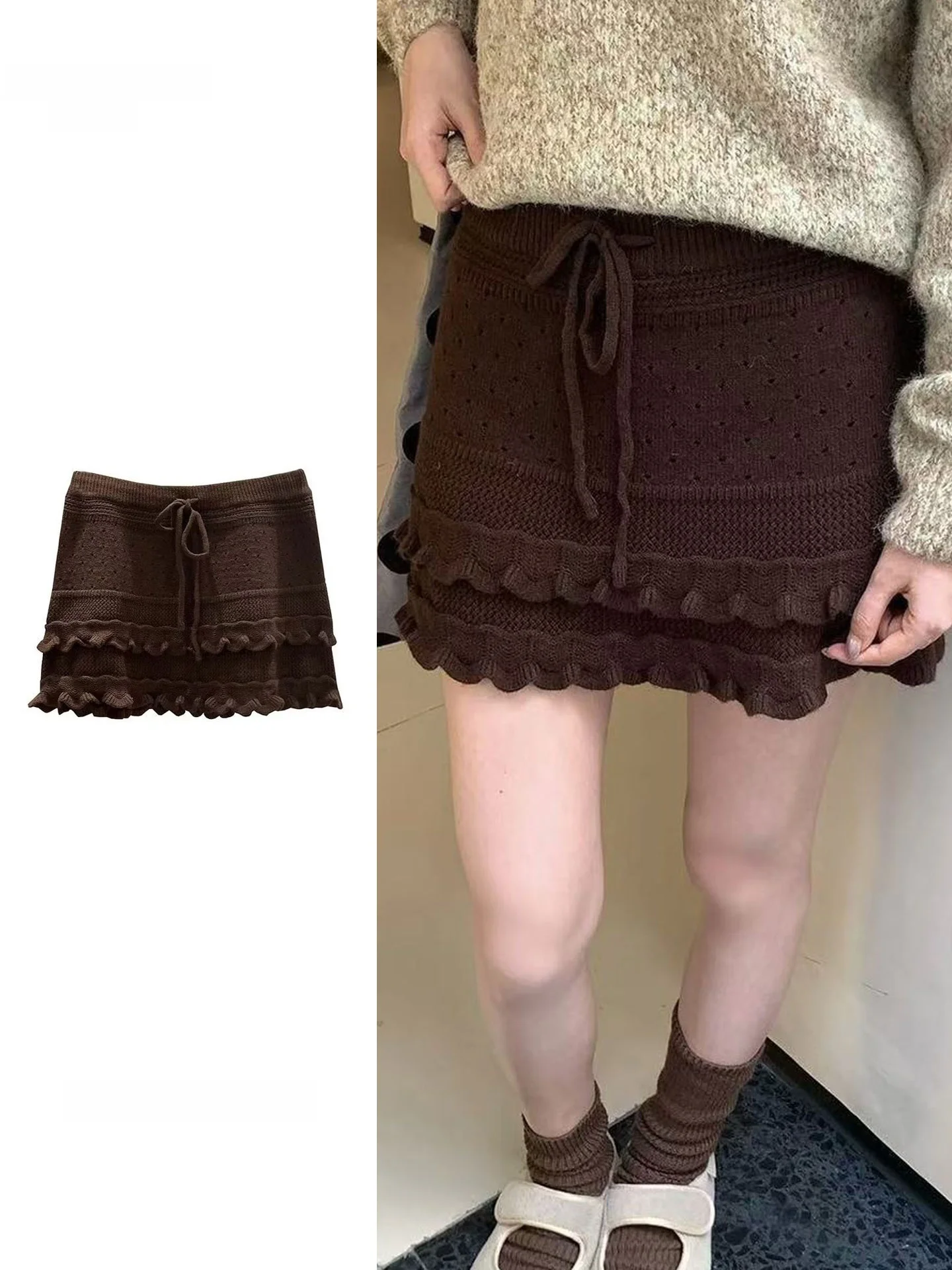High Waist Knitted Half Skirt Women's A-Line Short Skirt with Wood Grain Ruffle Slimming Style for Plump Sister Autumn Winter...
