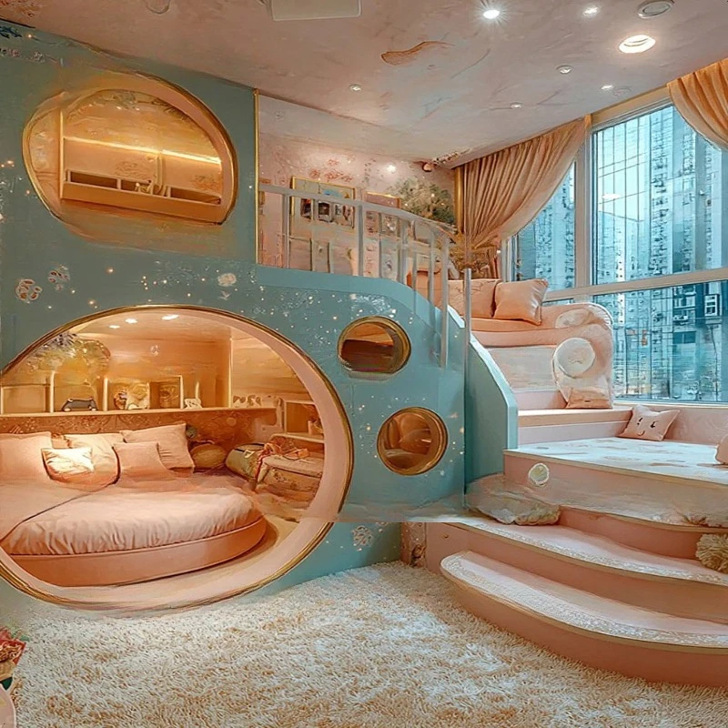 Cielo cama para niños casa en el árbol superior e inferior b ed escalera giratoria segundo piso padre-niño b ed