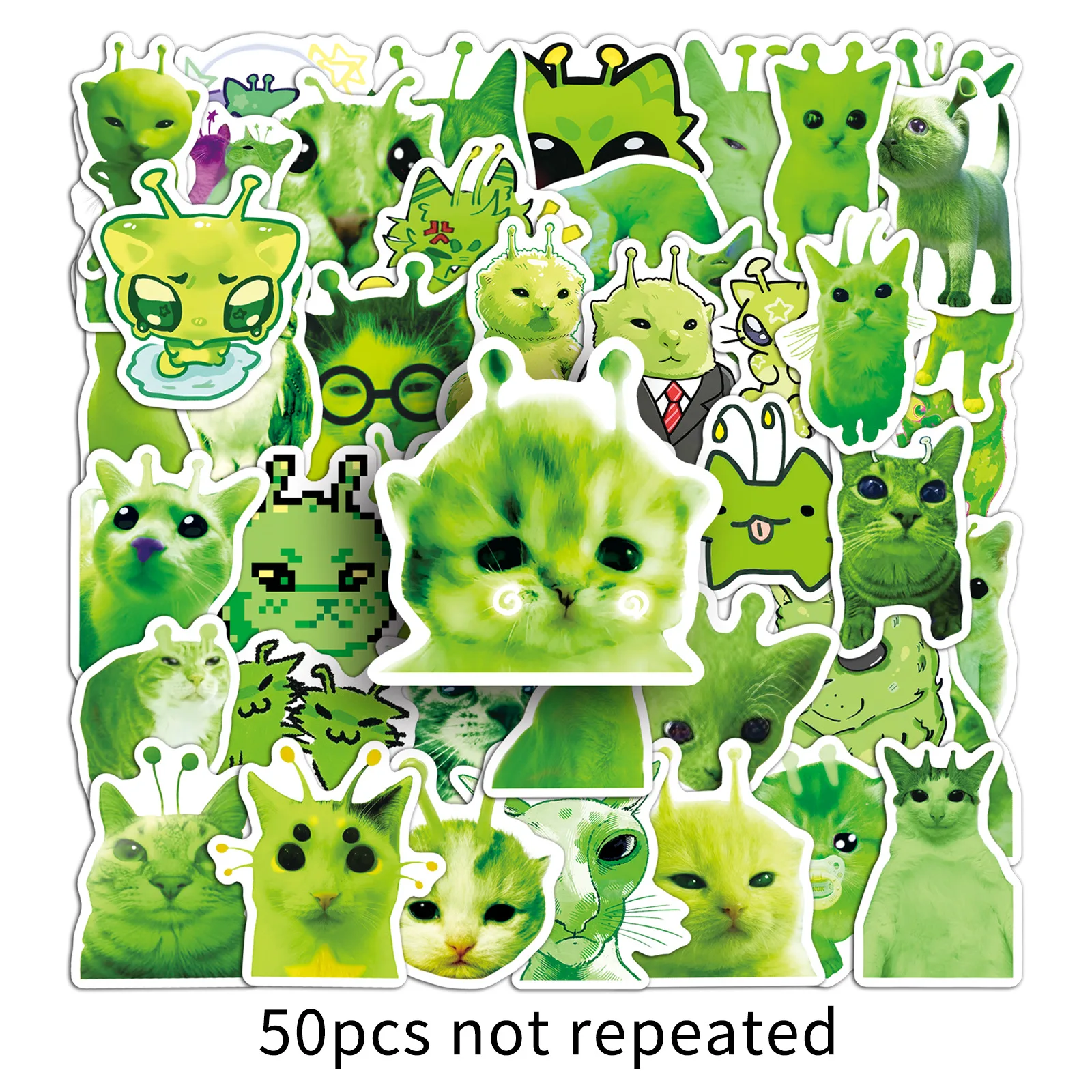 50PCS Alien Cat Stickers Abstract Funny Emoji Green Cat Anim
