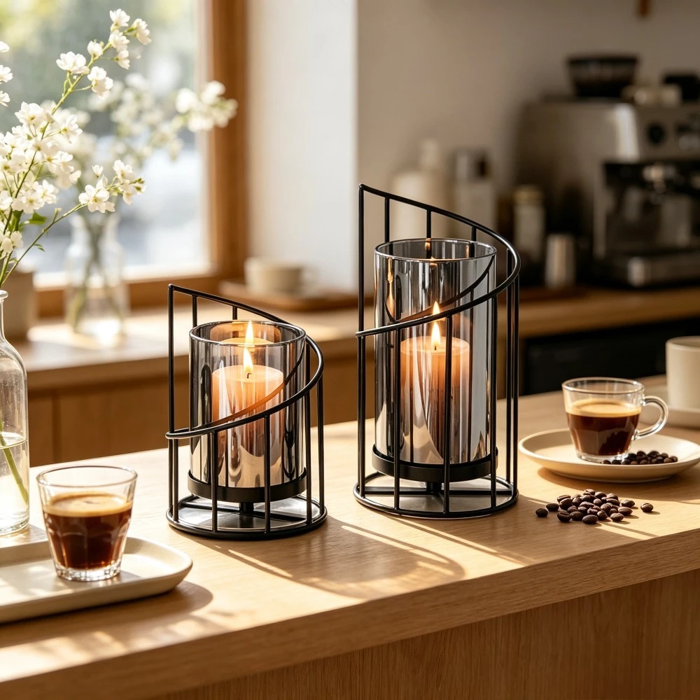 Modern Iron Cage Glass Candlestick Tabletop Candle Holder for Wedding Banquet Living Room Bedroom Indoor Home Decor Supplies