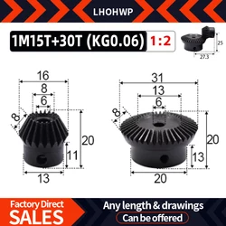 1Pair 1:2 Bevel Gear 1M15Teeth+30Teeth Inner Hole 6mm 90 Degree Drive Commutation Steel Gears Steel Gears Screw M5