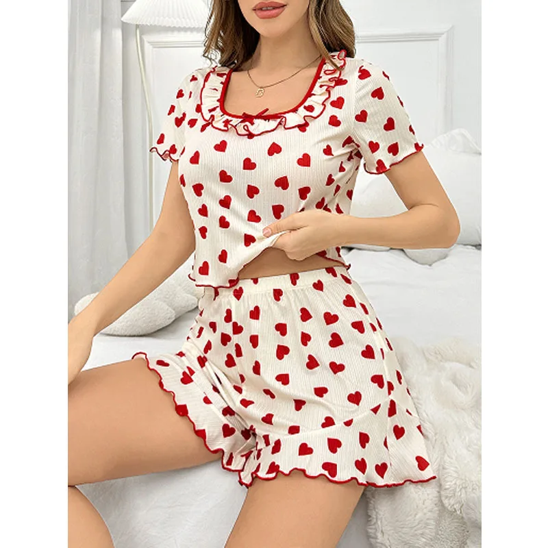 

Women's new pajamas with love print set summer sweet square neck short sleeved shorts home clothes T-shirt hot selling item
