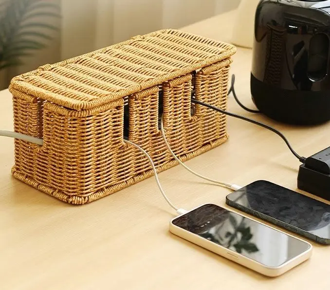 1pcs Vine woven desktop junction box, socket plug, power cord sorting and storage box, charger wire storage