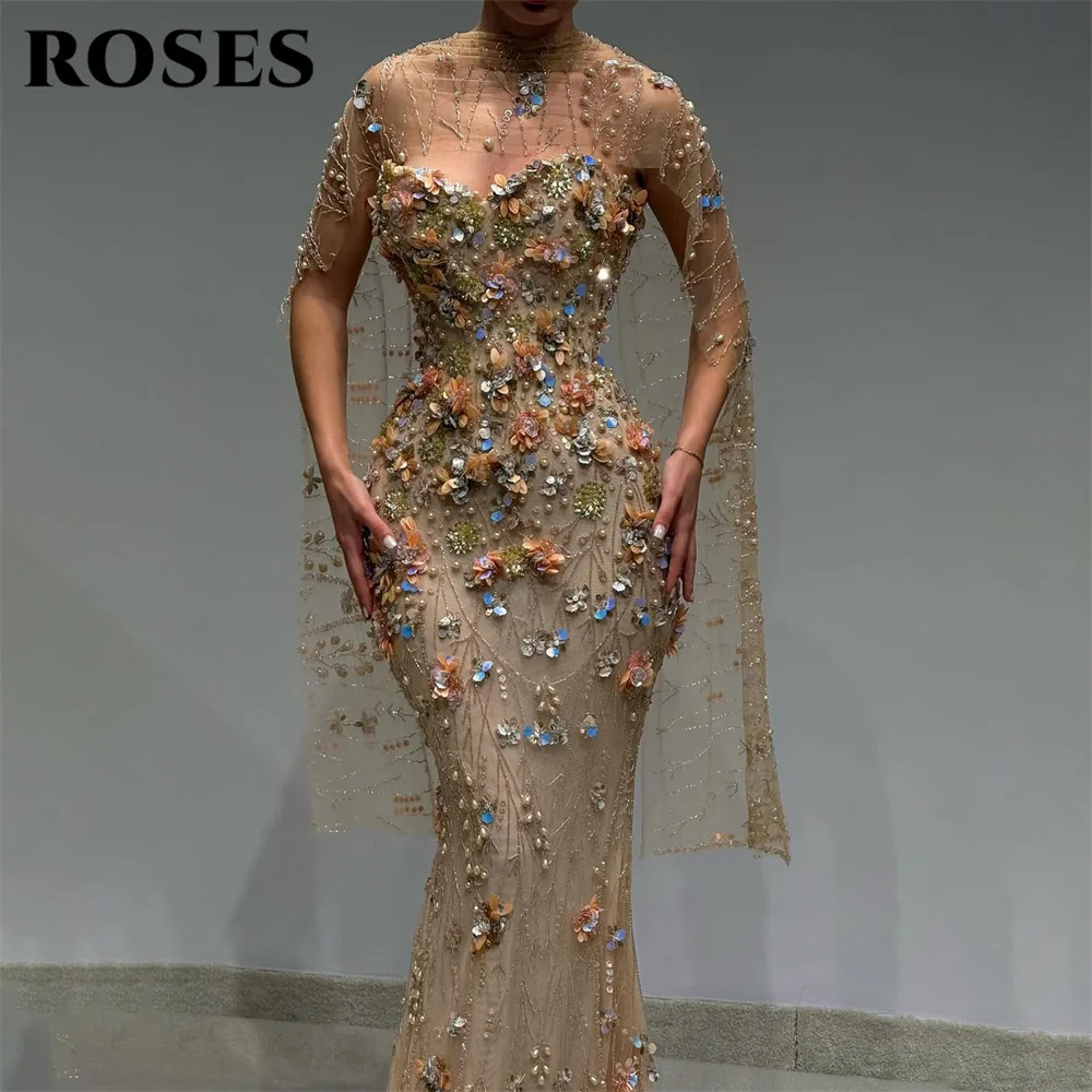 Gaun Pesta Champagne ROSES Model Sweetheart Mermaid dengan Hiasan Bunga 3D فساتين السهرة Gaun Gala yang Dapat Disesuaikan