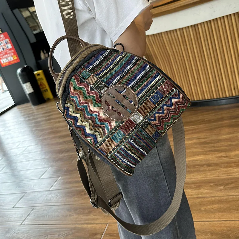 Chikage Fashion Ethnic Style Small Backpack Trend Women New Casual Denim Canvas Backpack Personality Embroidered Travel Bag