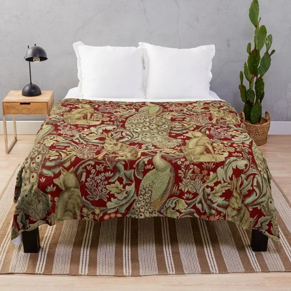 

FOREST ANIMALS,PEACOCKS,FOX AND HARE IN RED LEAVES FLORAL PATTERN Throw Blanket Elegant Warm Throw Blanket for Hotel Home
