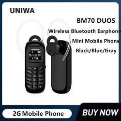 UNIWA-Mini telefone sem fio, fone de ouvido Bluetooth, estéreo GSM, telefone desbloqueado, super fino, portátil, 2G telefones pequenos, BM70 DUOS