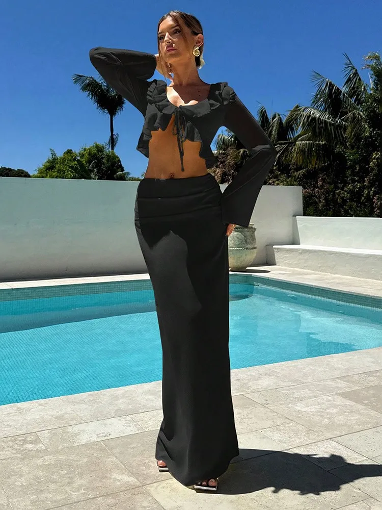 Bademode Rock Cover-up 2-teiliges Set Frauen Crop Tops und langen Rock Badeanzug Fashion Solid Hohl Sexy Strand Cover Up Outfits