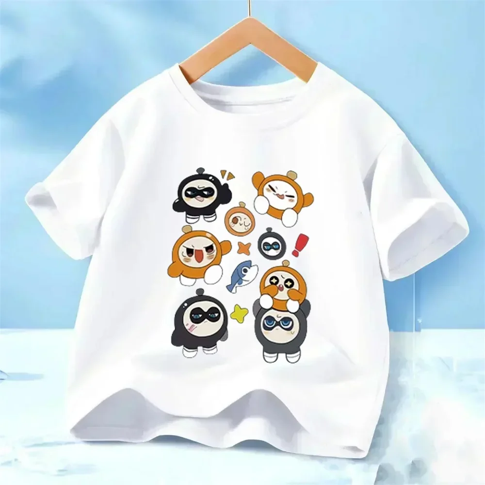 

Girls' Cartoon Egg Boy Party Loose T-shirt Short-Sleeved Summer Dress Pure Cotton White Top for Children's Party Wear