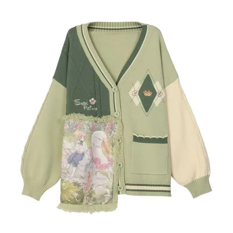 Suéter de punto estilo chica Mori, chaleco para mujer, suéter con estampado de pintura al óleo de dibujos animados Kawaii, abrigo, Jersey de punto Harajuku, chaleco, Tops