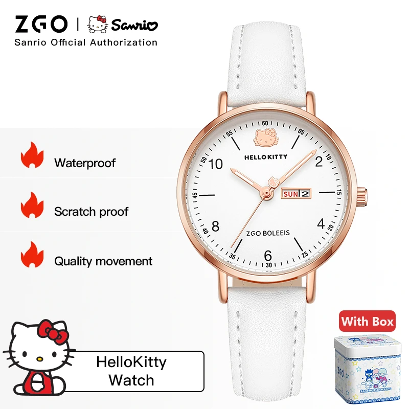 ZGO X Sanrio Hello Kitty Watch For Girls Dual Calendar Luminous Quartz Watches For Women Junior High School Students 2092