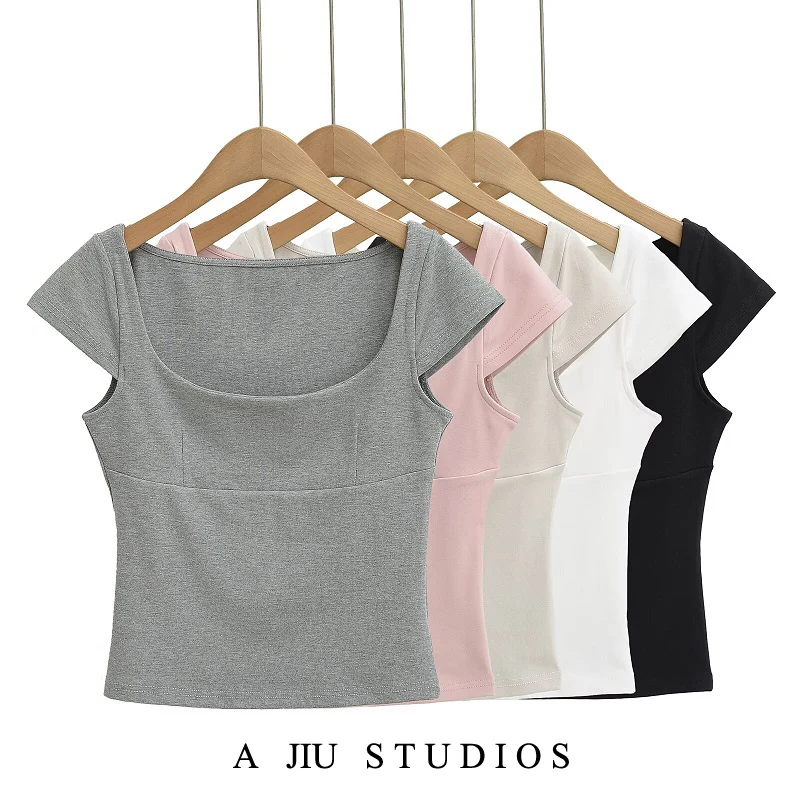 

Slim Fit ort Sve T-irt Square Ne Design Summer Hot Girl Street Sle Pure Color Top Women's Faion Trend 2025