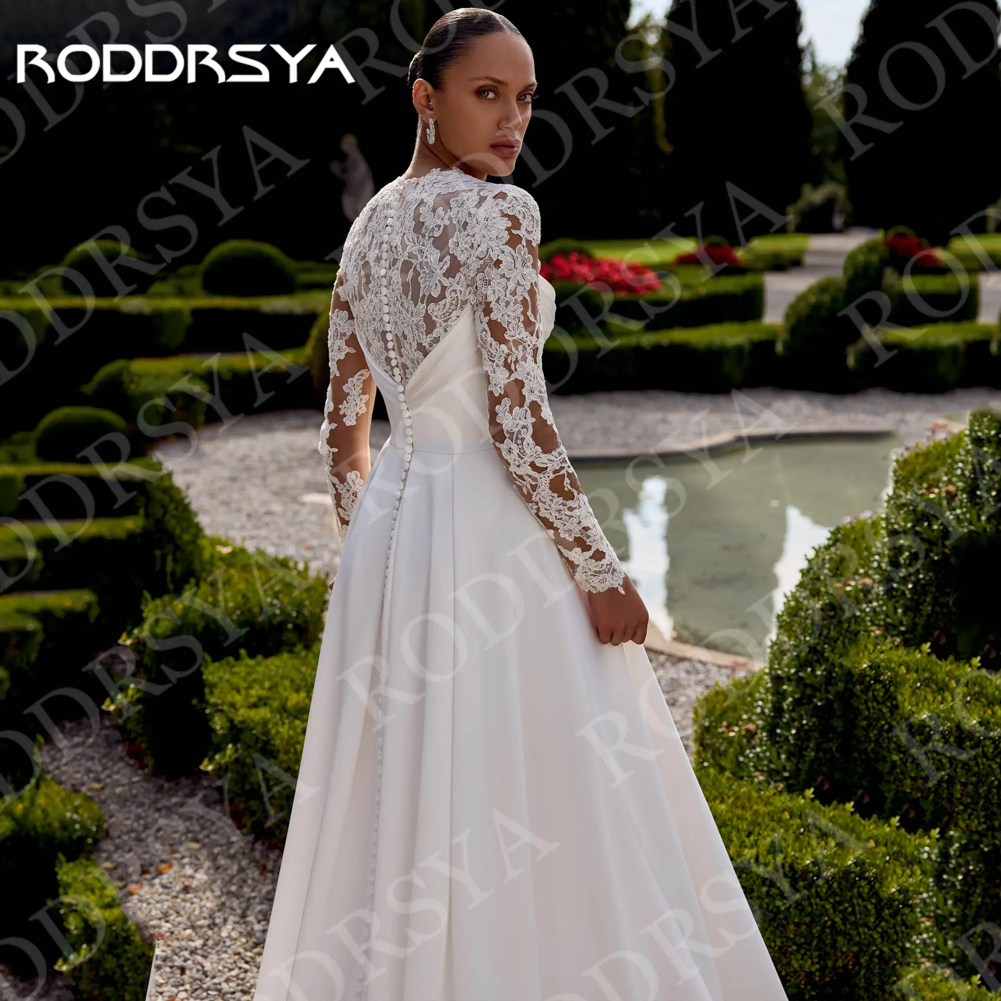 Roddrsya elegante vestidos de casamento mangas compridas rendas cetim uma linha apliques alta fenda vestido de noiva personalizado Vestidos de noiva elegantes mangas longas Lace cetim uma linha aplica alta fenda vestid