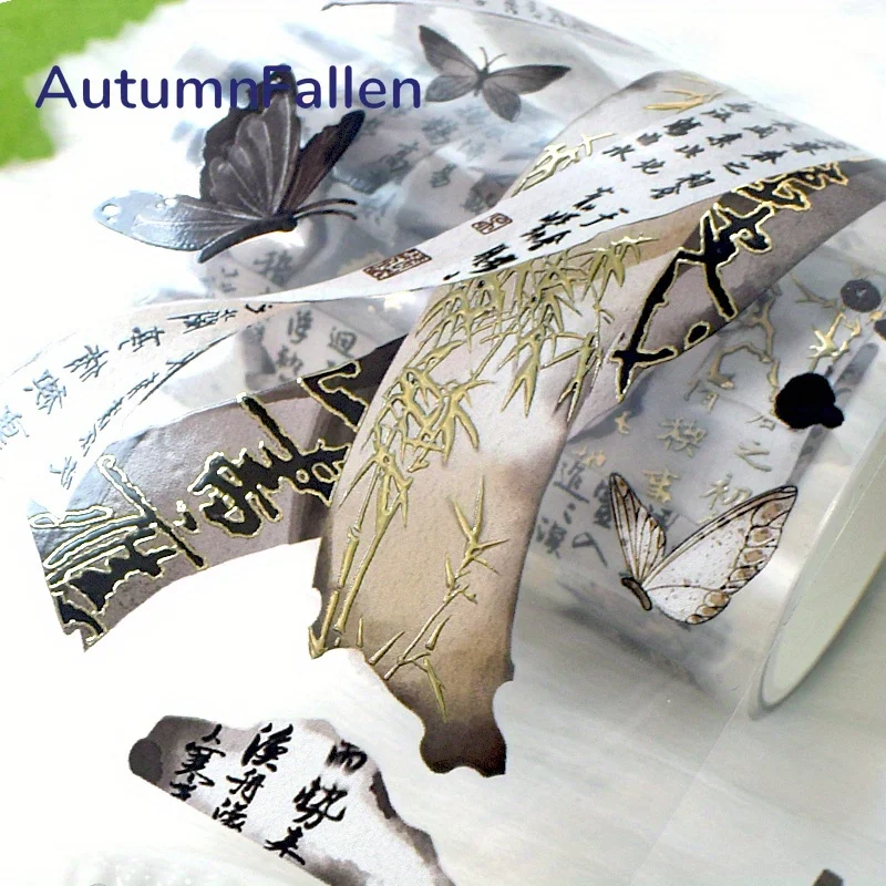 Vintage Chinese Calligraphy PET Washi Tape Golden Foil Butterfly Masking Tape 3D Crystal Ink Decor Stickers Scrapbooking Journal