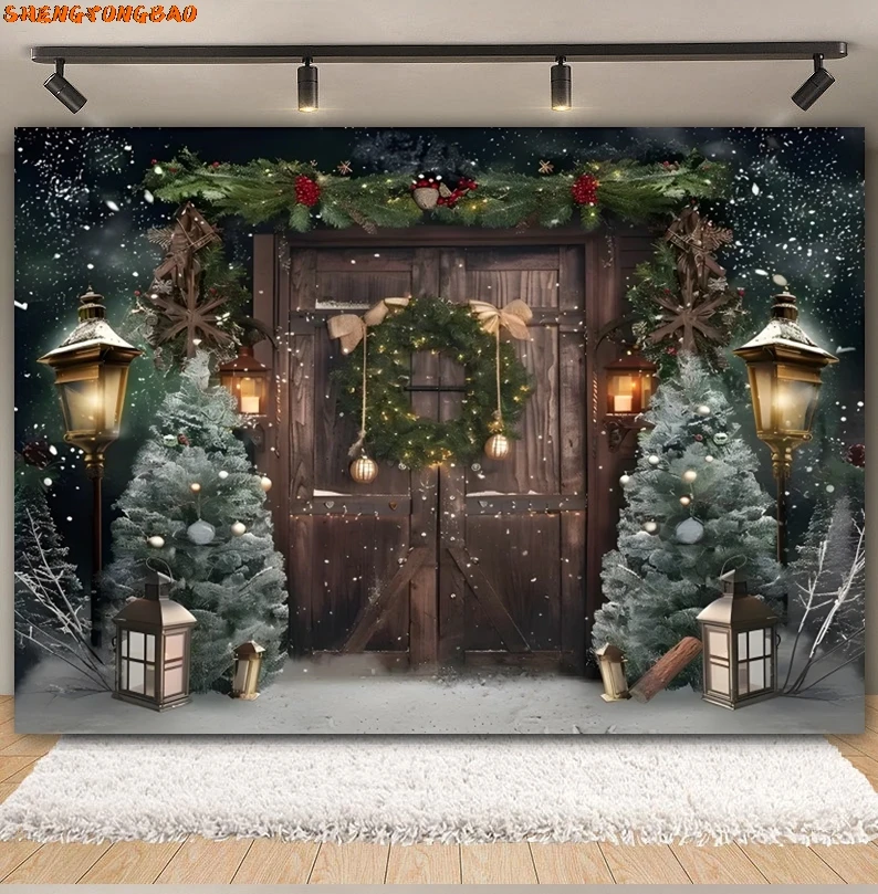 ฤดูหนาวคริสต์มาสฉากหลังXmas Treeหน้าต่างไม้ประตูของขวัญเกล็ดหิมะเด็กPortraitครอบครัวการถ่ายภาพพื้นหลังตกแต่ง