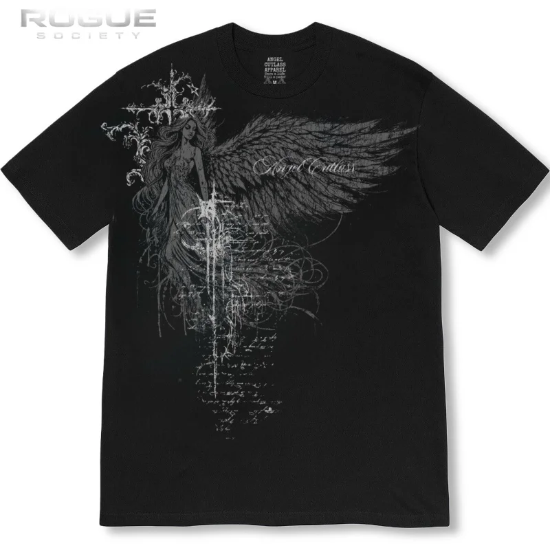 Oversized American Gothic Streetwear Angel Print Tshirt Men Letter Graphic Shirt Y2K Harajuku Highstreet Darkwear Tees Unisex