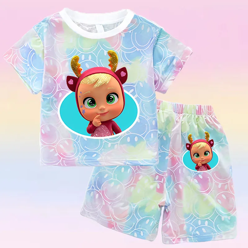 

Crying Babies T-shirt Set Children Summer Clothing Girl Cartoon Anime Short Sleeve Sets Leisure Kawaii Clothes Kid Cute Tee Gift