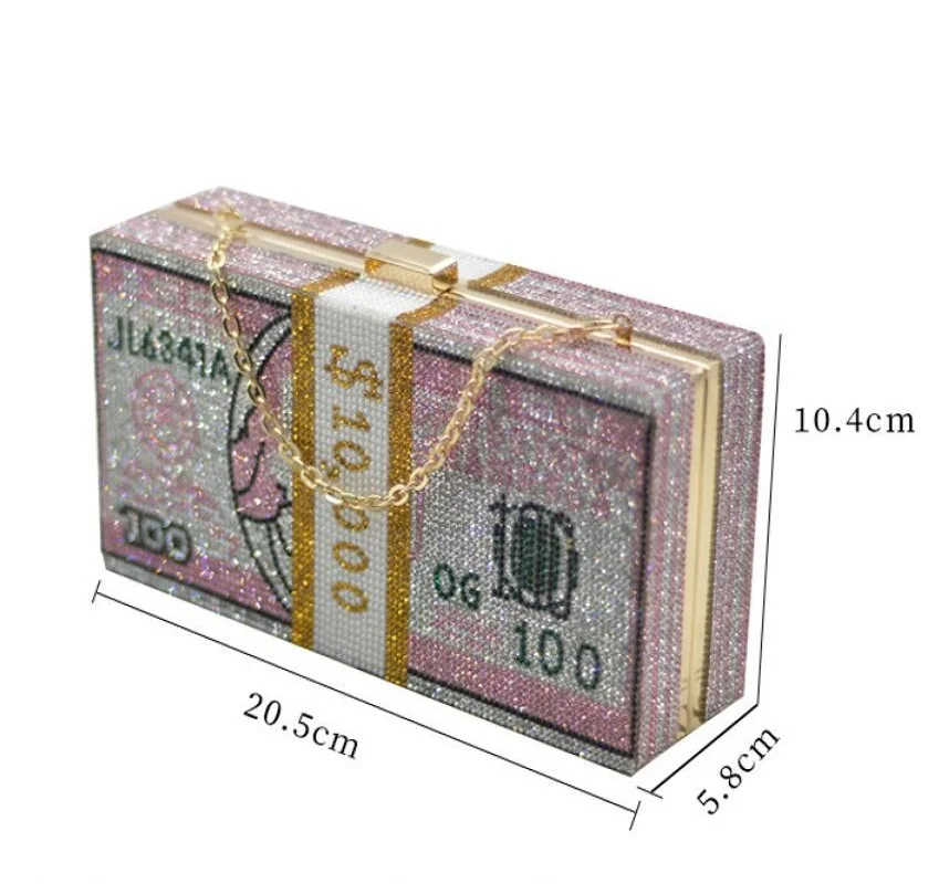 Fashion Creative New Money Clutch Rhinestone Purse 10000 Dollars Stack Bags of Cash Evening Handbags Shoulder Wedding Dinner Bag