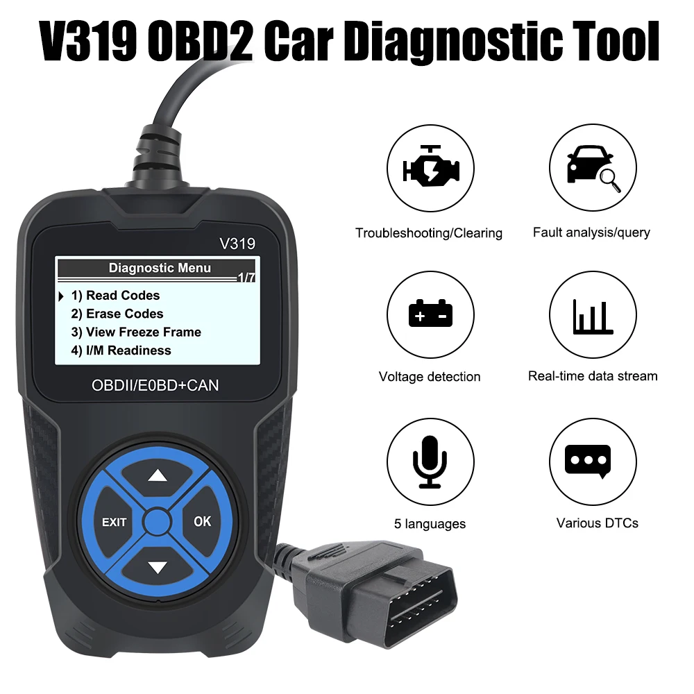 

Считыватель кодов OBD2, цифровой дисплей, сканер OBD 2, универсальные автомобильные аксессуары, диагностический инструмент двигателя V319, инструменты для диагностики автомобиля