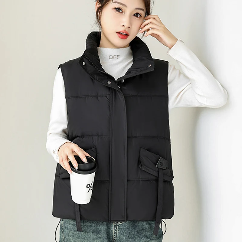 2025秋冬韓国スタンドカラーダウンコットンベスト女性リボン付きカジュアル暖かいノースリーブジャケットシックショートパーカー女性