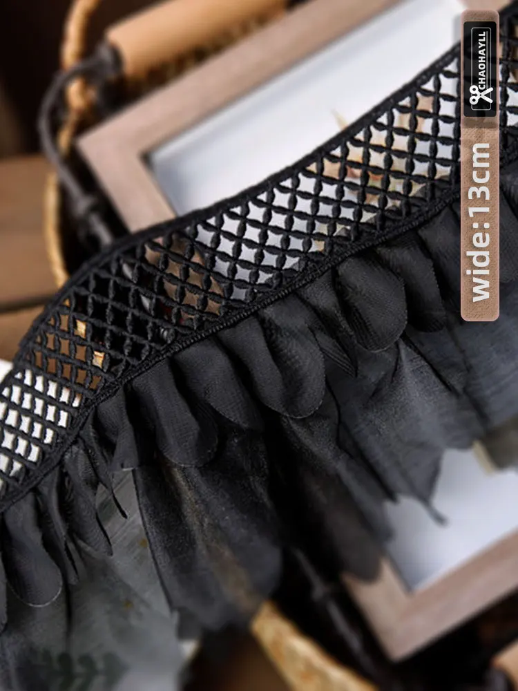 1 jard 13CM szeroki z siatką, szyfonowa plisowana koronka materiał do wykończenia z frędzlami sukienka na wesele marszczone mankiety do szycia