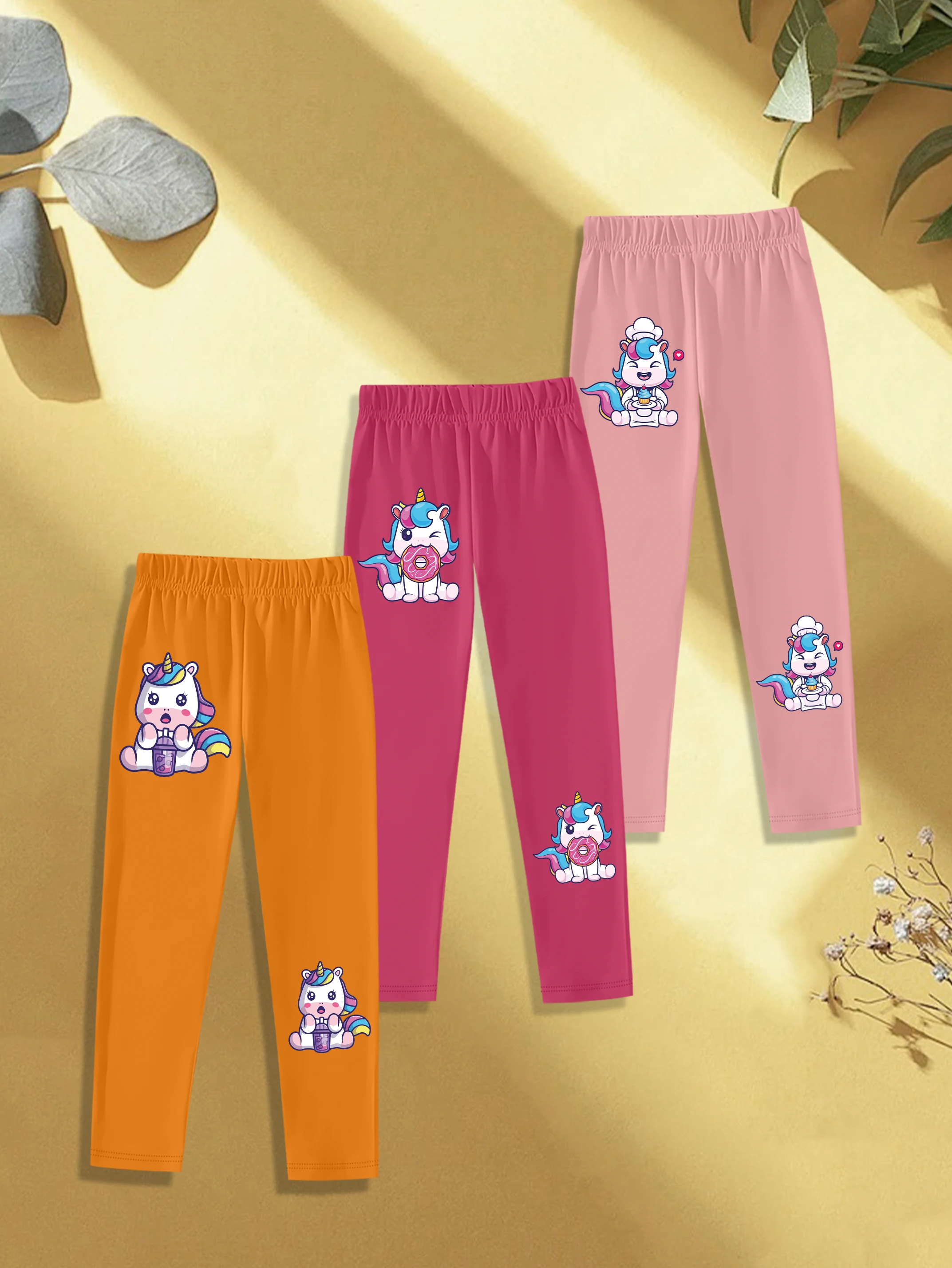 3 pieces: Autumn Girls Leggings Cute Unicorn Drink Boba Eat Donut Make Cake Print Sweet Bottoms