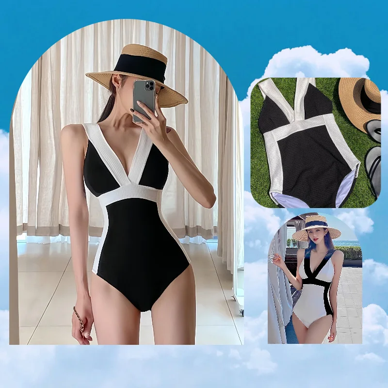 Sexy V-Ausschnitt, schicke Bademode, 2024, Damen, Schwarz-Weiß-Patchwork, Push-Up-Badeanzug, ausgeschnitten, einteiliger Hot-Spring-Bikini-Badeanzug