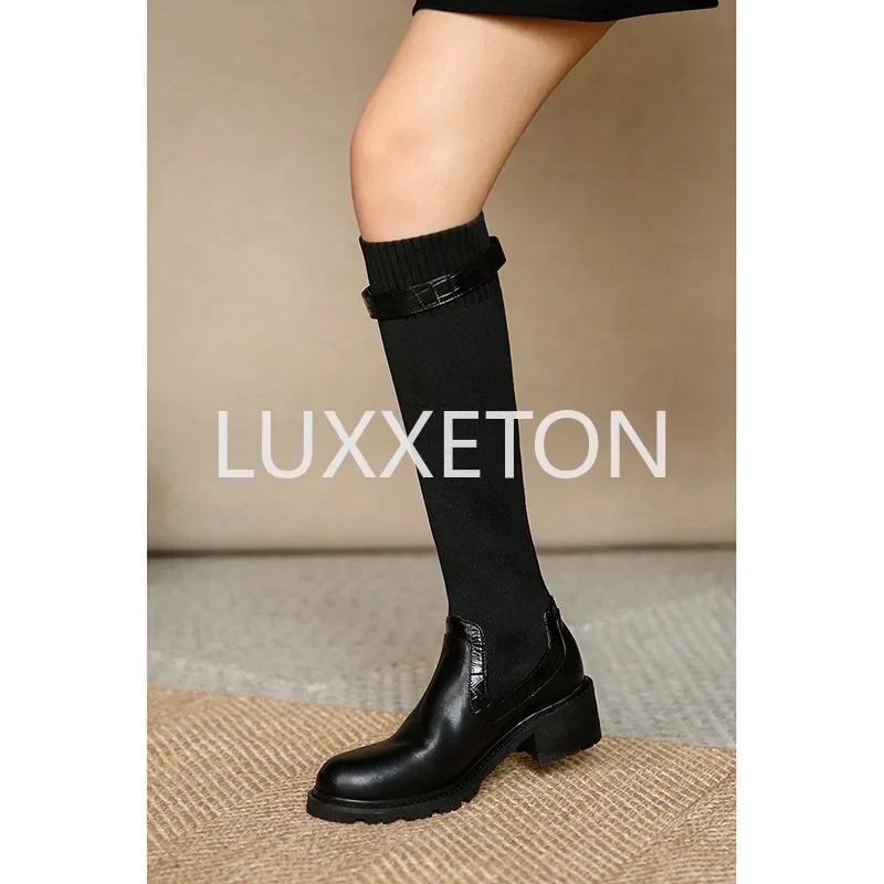 Comemore Sock Boots Women 2024 Winter Knee High Knitting Warm High Boot High Heels Weave Casual Designer Chunky Motorcycle Botas