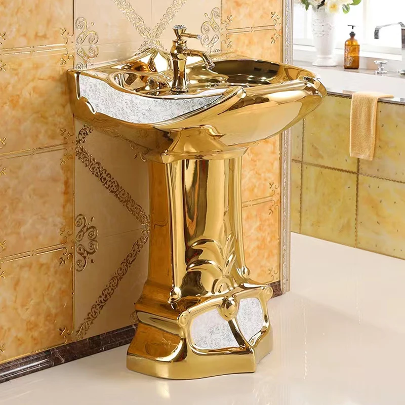 

Luxury sanitary ware gold basin bathroom sink ceramic electroplating oval gold wash basin full base hand wash basin