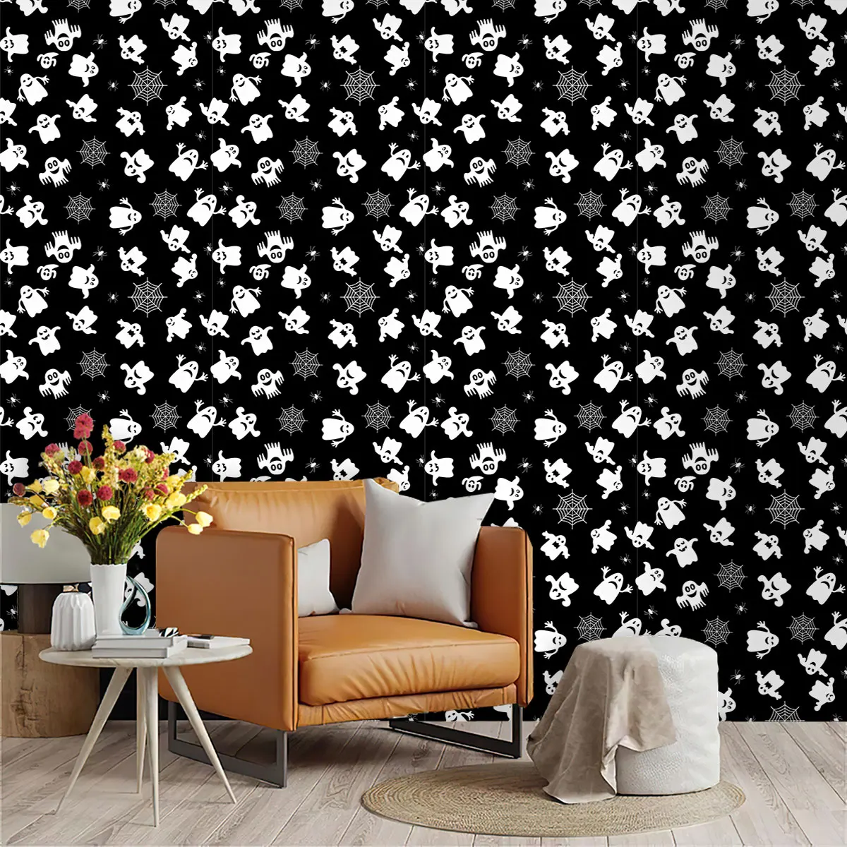 PVC self-adhesive white ghost spider web pattern cyclic wallpaper for wall decoration and concealing flaws
