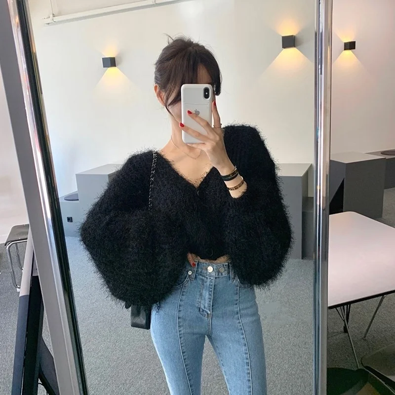 Maglione cardigan aperto lavorato a maglia V-Ne chic da donna lungo sciolto Sve soffice sensazione autunno inverno pigro Sle design a due bottoni