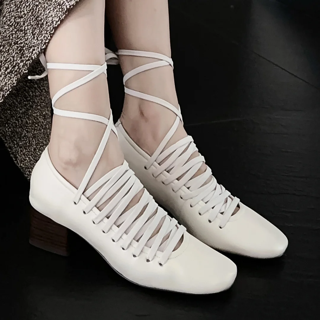 

Женские туфли-лодочки из овчины со шнуровкой и квадратным носком, элегантные женские туфли на среднем каблуке толщиной 5 см в стиле OL, повседневные тонкие модельные туфли на каблуке для женщин