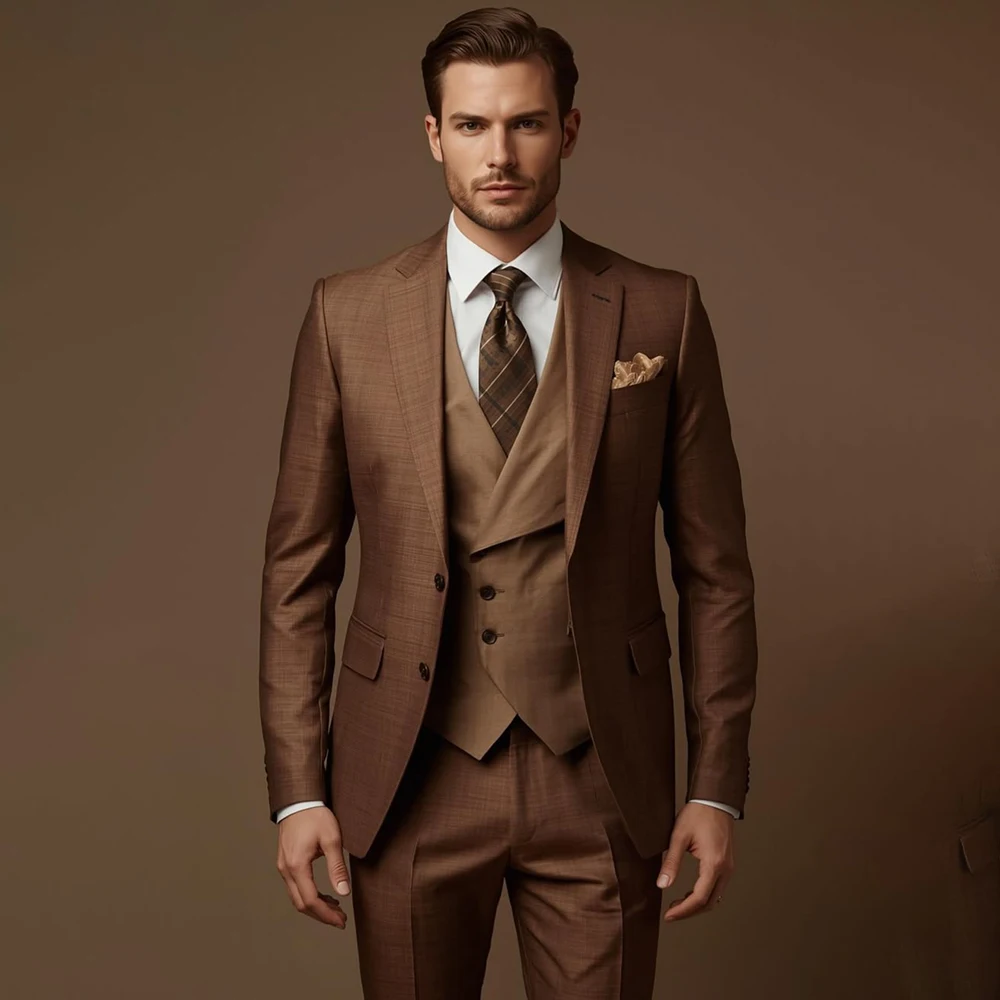 High Quality Brown Men's Suits 3 Piece Jacket Pants Vest Fashion Trendy Slim Fit Male Clothing Busienss Office Blazer Terno