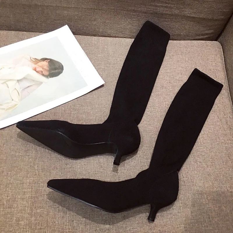 Liyke Autumn Winter Cozy Thigh High Sock Boots Women Black Stretch Fabric Pointed Toe Thin Low Heels Over The Knee Slip On Shoes