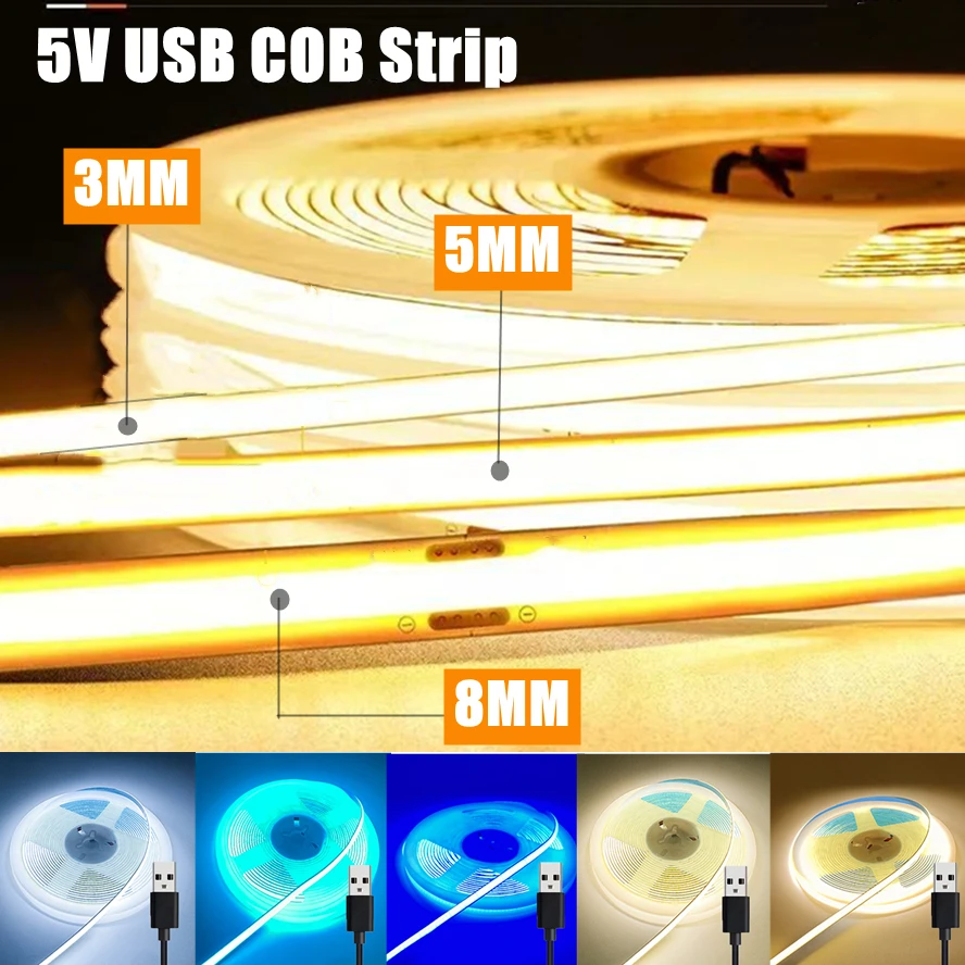 5V USB 3/5/8MM High Density Light Strip 320 400LEDs Dimmable COB LED Flexible COB Tape Light Bar TV Kitchen Bedroom Decoration