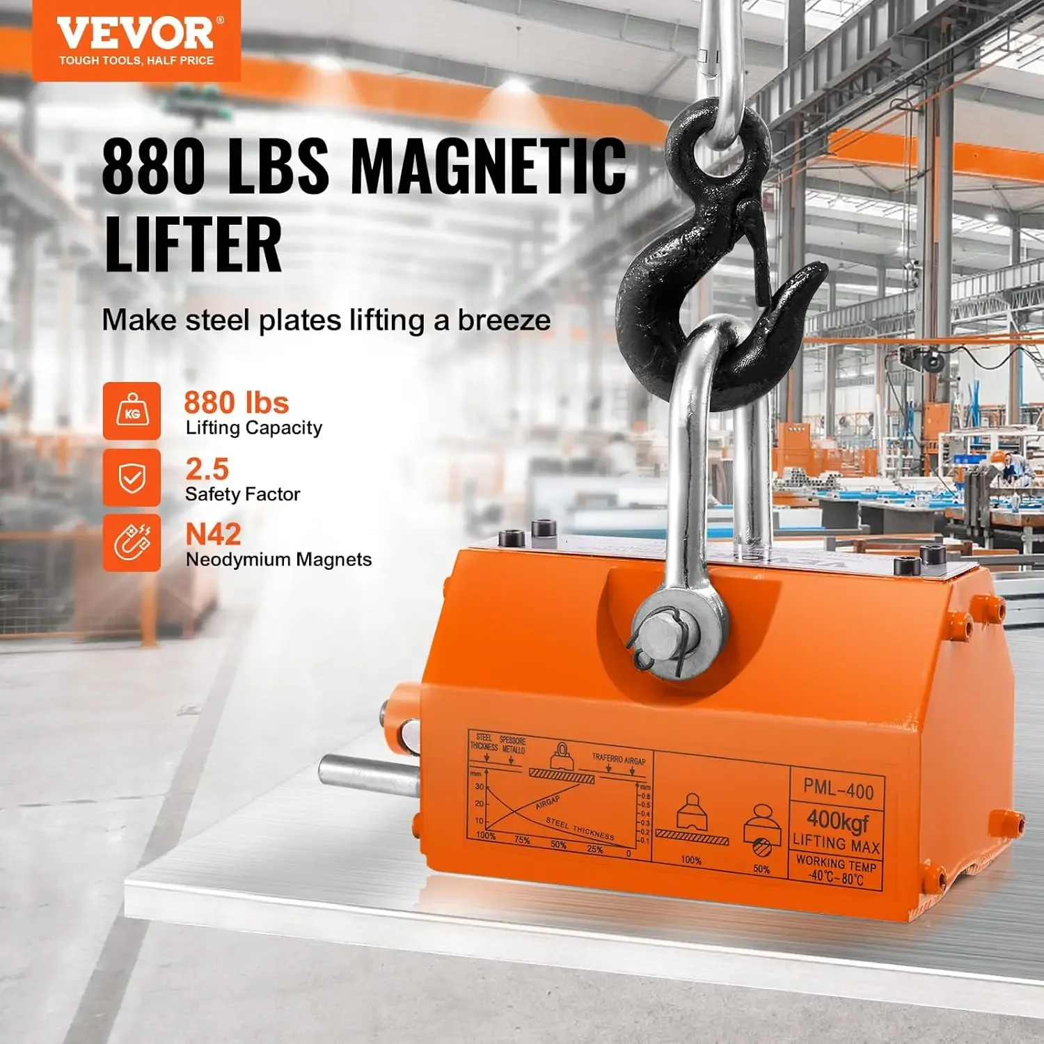 Magnetic Lifter, 880 lbs/400 kg Pulling Capacity, 2.5 Safety Factor, Neodymium & Steel, Lifting Magnet with Release