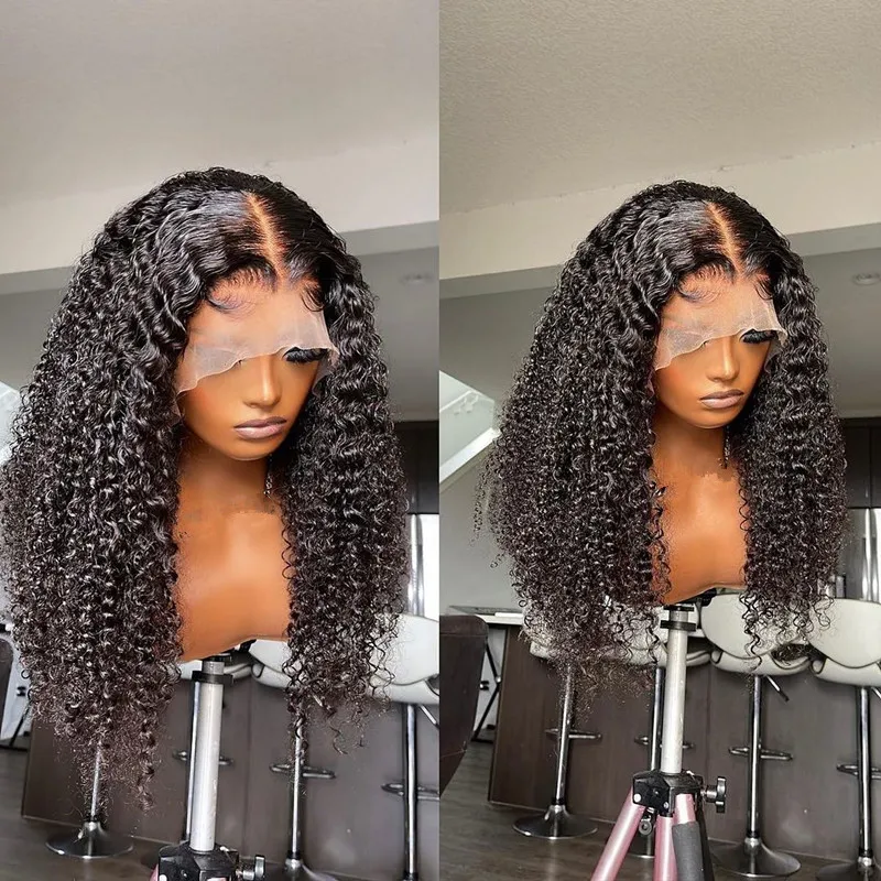 Wig panjang renda depan untuk wanita, rambut palsu hitam Kinky keriting lembut ketebalan 180 untuk warna hitam, BabyHair tahan panas, tanpa lem harian