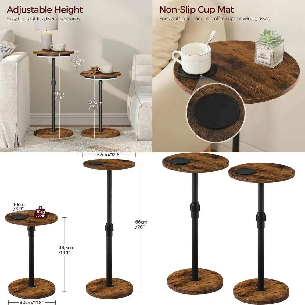 

Compact Dual Round Adjustable Height Side Tables with LED Light and Cup Holder, Rustic Brown & Black, Ideal for Small Spaces ETH