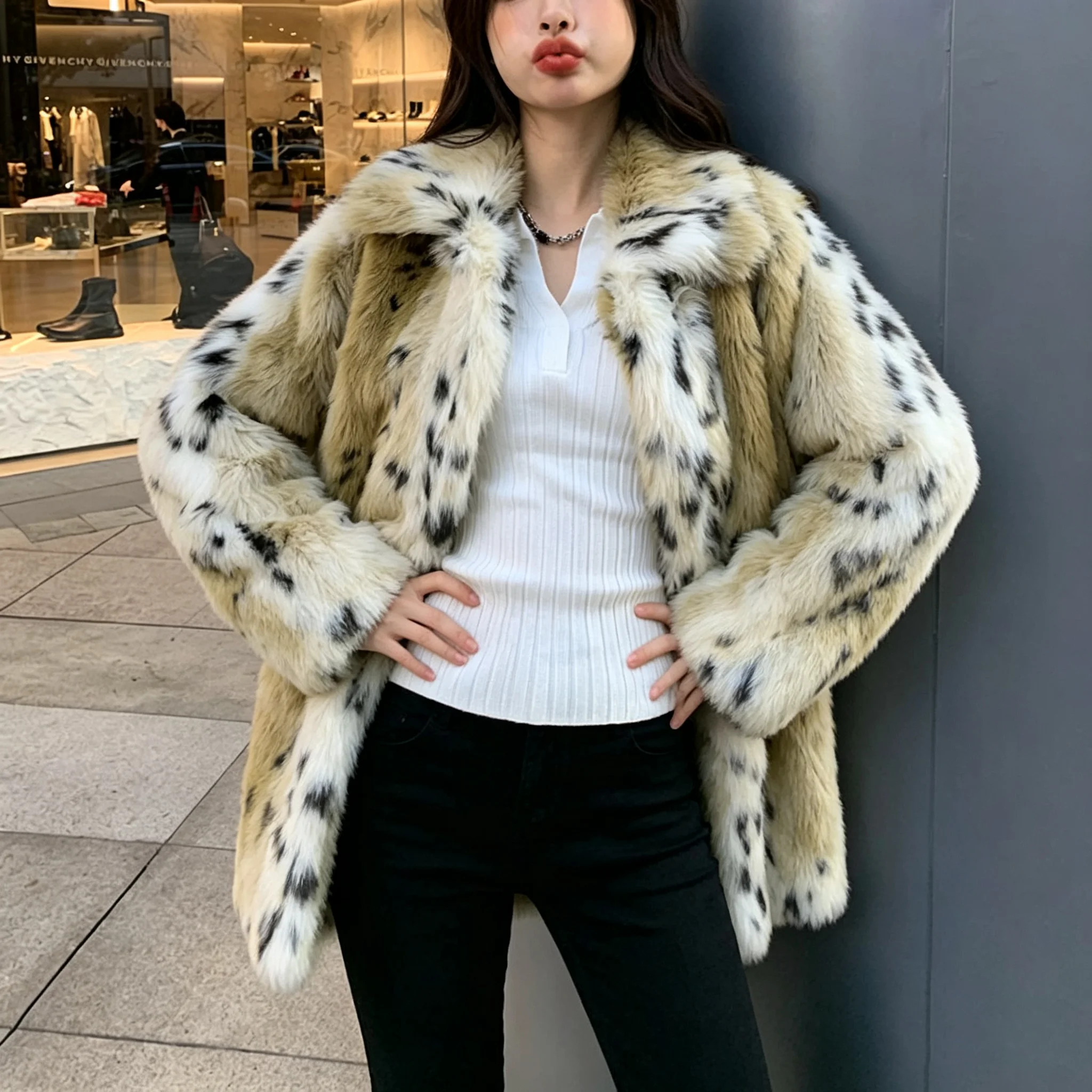 RU Women Leopard Print Faux Fur Jacket Lapel Collar Loose Plush Warm Outerwear For Autumn Winter Street Party Daily Outfits