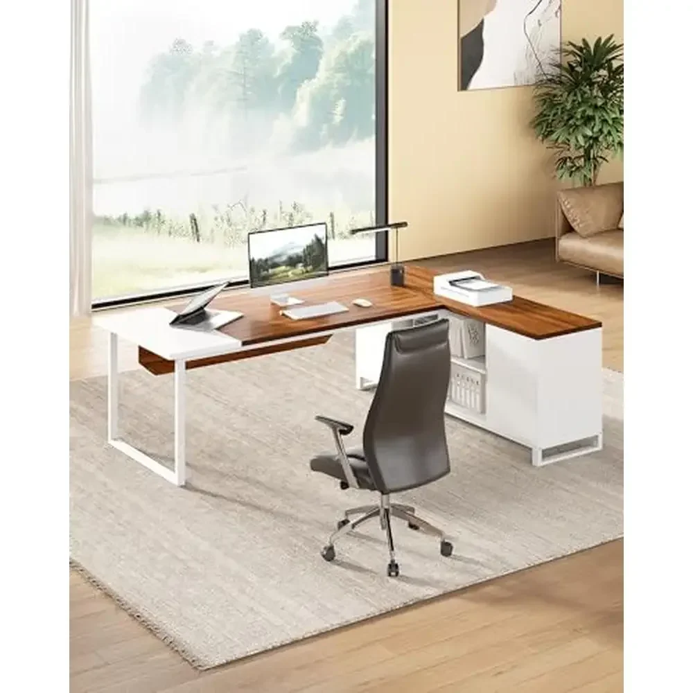 Combinação de mesa executiva em forma de L com armário de arquivo Design moderno Estação de trabalho espaçosa e prateleiras de armazenamento Acabamento nogueira/branco